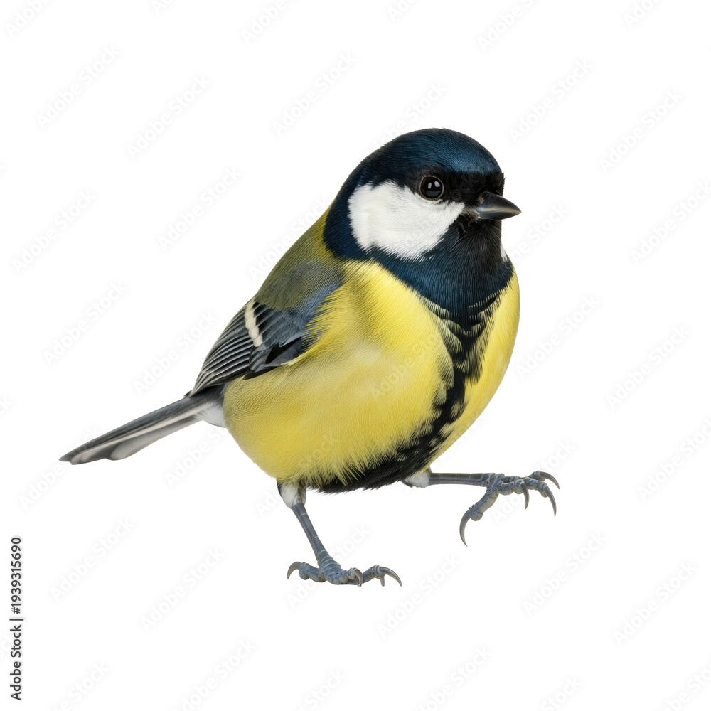 Obraz premium photorealistic macro shot of a single great tit bird walking mid-stride, featuring detailed vibrant yellow and black plumage on a reflective white studio background. concept of ornithological