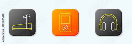 Set line Treadmill machine, Music player and Headphones icon. Vector