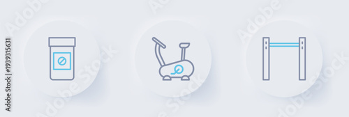 Set line Horizontal bar, Stationary bicycle and Anabolic drugs icon. Vector