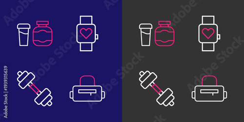 Set line Sport bag, Dumbbell, Smart watch and Sports nutrition icon. Vector