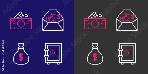 Set line Safe, Money bag, Envelope with dollar symbol and Stacks paper money cash icon. Vector