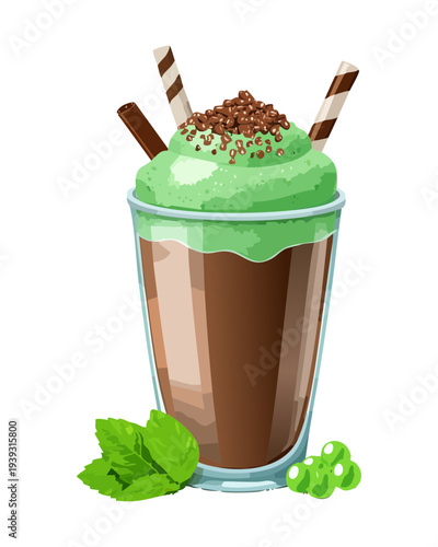 Mint chocolate milkshake with green syrup layers and chocolate stick wafers topped with fresh mint leaves and cocoa powder - Vector Illustration