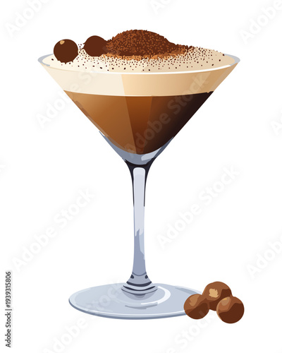Classic espresso martini with a smooth foam top and three coffee beans garnish in a stylish glass for nightlife - Vector Illustration