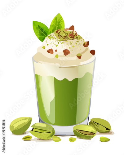 Green matcha frappe with whipped cream topping and pistachio nuts scattered at the base for a delicious herbal treat - Vector Illustration
