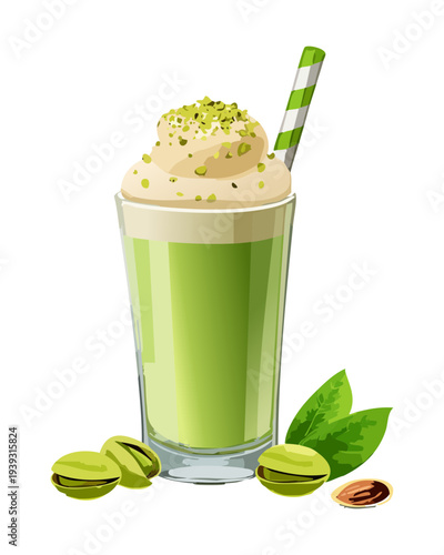 Creamy green pistachio smoothie with crushed nuts and a straw served in a glass with fresh pistachio seeds around - Vector Illustration