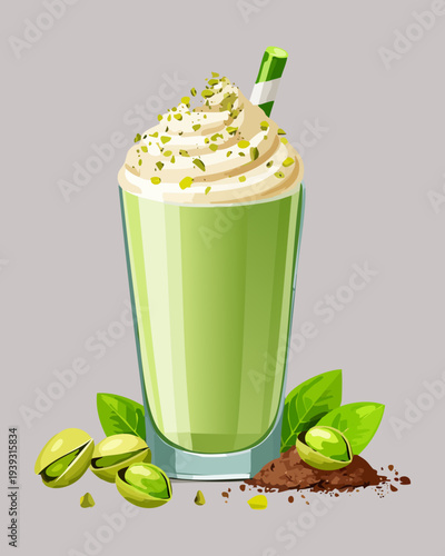 Healthy green tea matcha latte with whipped cream and pistachio nuts served in a glass with a striped paper straw - Vector Illustration