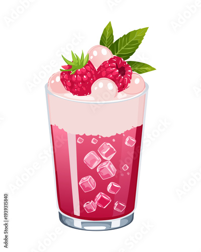 Fresh raspberry soda drink with whole berries and ice cubes in a tall glass for a sweet berry refreshment - Vector Illustration