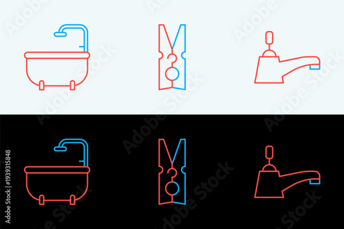 Set line Water tap, Bathtub and Clothes pin icon. Vector