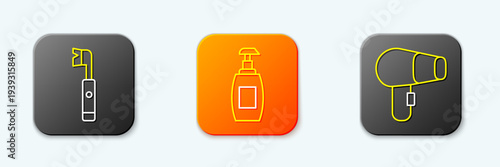 Set line Electric toothbrush, Bottle of liquid soap and Hair dryer icon. Vector