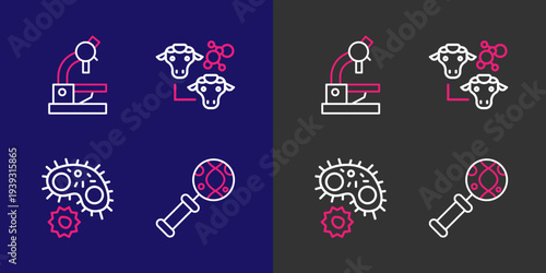 Set line DNA research, search, Virus, Cloning and Microscope icon. Vector