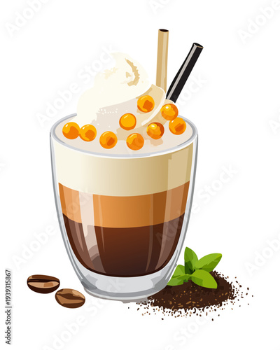 Caramel boba milk tea with cream topping and golden pearls served in a transparent glass with fresh mint leaves - Vector Illustration
