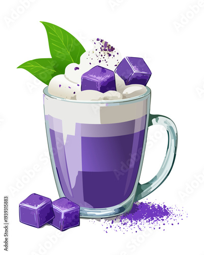 Purple ube latte with whipped cream and purple sweet potato cubes in a glass mug for a trendy drink - Vector Illustration