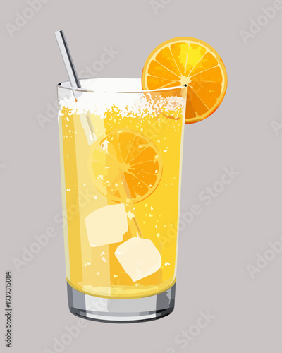 Chilled orange lemonade with orange slices and ice cubes in a tall glass for a cooling citrus summer refreshment - Vector Illustration