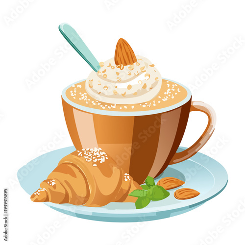 Hot cappuccino in a glass cup served with a small croissant on a blue saucer for a continental breakfast - Vector Illustration