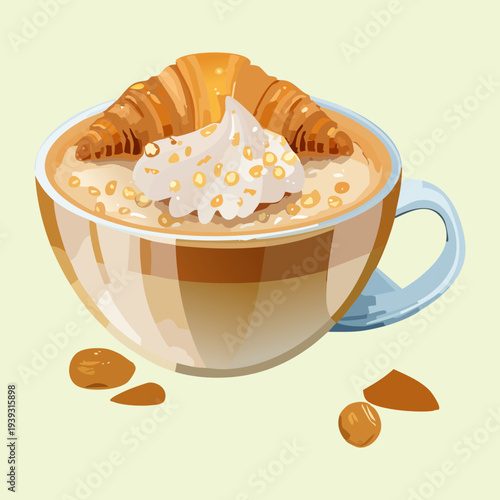 Large bowl of coffee latte with whipped cream and a butter croissant resting on top for a cozy brunch - Vector Illustration