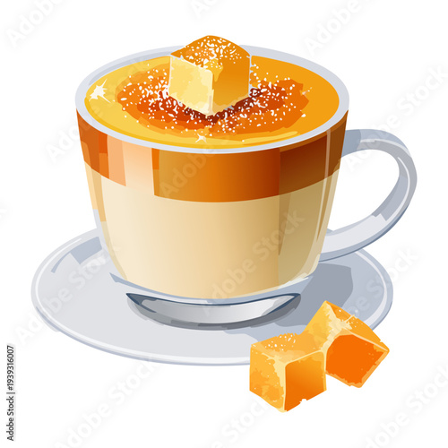 Hot coffee latte with caramel cubes and creamy foam in a glass cup served on a grey saucer - Vector Illustration