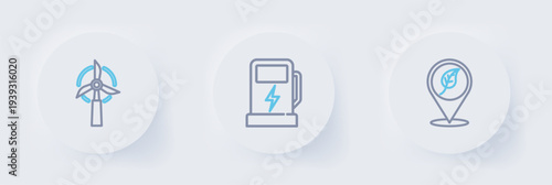 Set line Location with leaf, Electric car charging station and Wind turbine icon. Vector