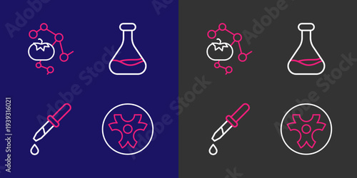 Set line Biohazard symbol, Pipette, Test tube and flask and Genetically modified food icon. Vector