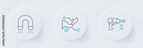 Set line Transfer liquid gun, Prosthesis hand and Magnet icon. Vector