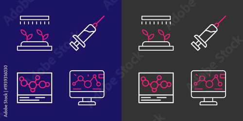 Set line Genetic engineering modification, Chemical formula, Syringe and Automatic irrigation sprinklers icon. Vector