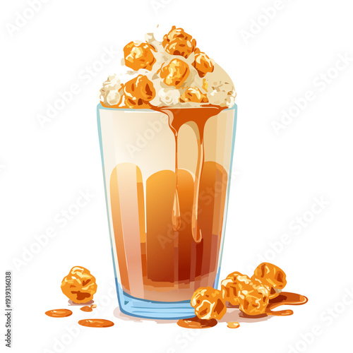 Creamy caramel smoothie with crunchy popcorn pieces and whipped cream served in a tall glass for dessert lovers - Vector Illustration