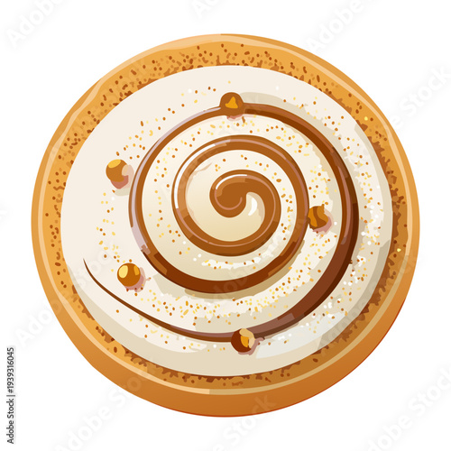 Classic swirled cinnamon bun with golden brown crust and sugar icing for a perfect coffee time snack - Vector Illustration