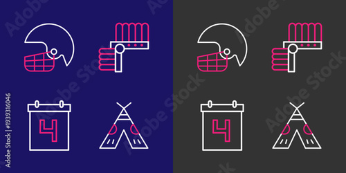 Set line Indian teepee or wigwam, Calendar with date July 4, headdress feathers and American football helmet icon. Vector