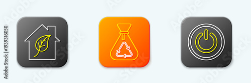 Set line Eco friendly house, Garbage bag with recycle and Power button icon. Vector