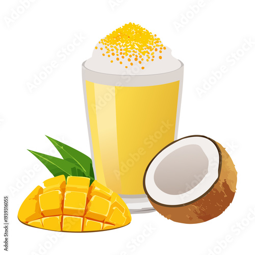 Tropical mango coconut smoothie with fresh fruit pieces and yellow coconut milk for a refreshing exotic summer drink - Vector Illustration