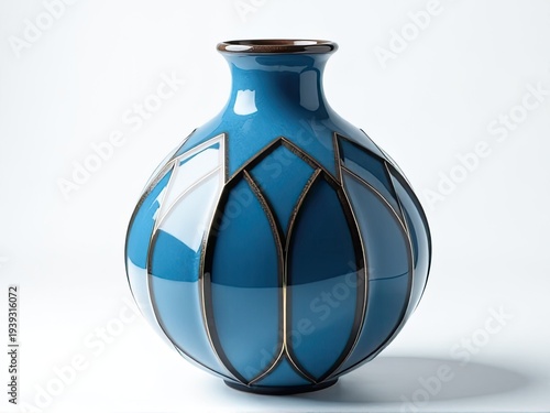 A blue vase sitting on top of a white table, great for interior design and decoration images