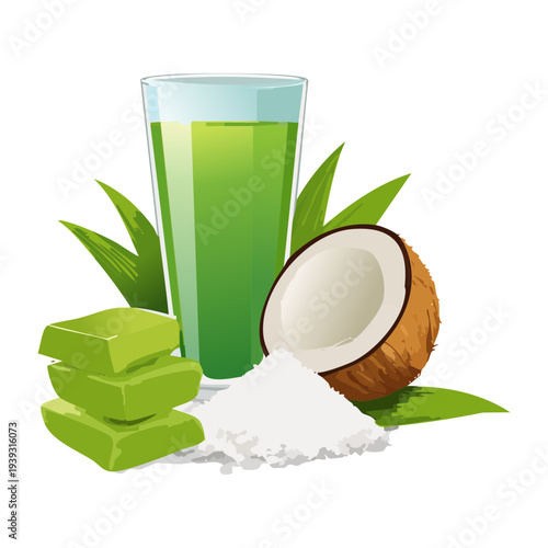 Green matcha coconut smoothie with fresh coconut pieces and green tea powder for a healthy herbal refreshment - Vector Illustration