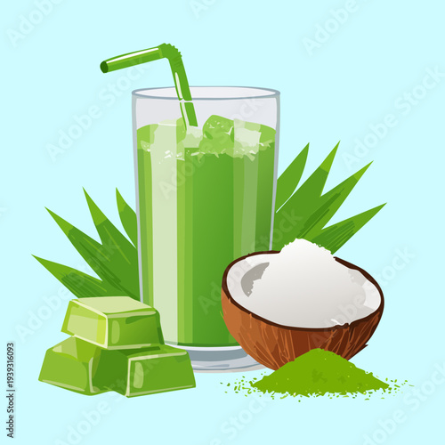 Healthy green tea matcha drink with coconut water and fresh fruit for a natural and detoxifying refreshment - Vector Illustration
