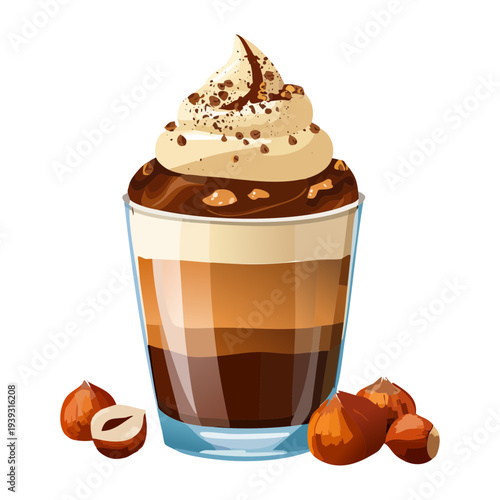 Rich hazelnut mocha with whipped cream and chocolate shavings in a glass for a decadent coffee dessert - Vector Illustration