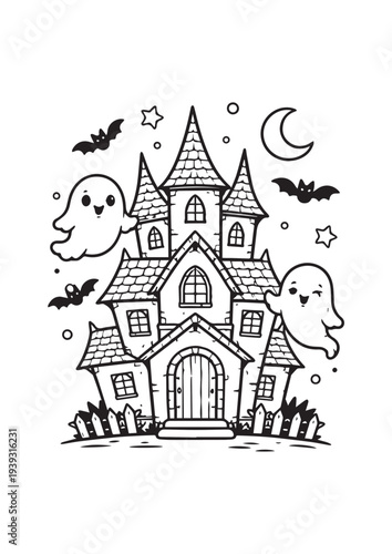 Cute Haunted House with Kawaii Ghosts and Bats – Halloween Coloring Page Line Art for Kids
