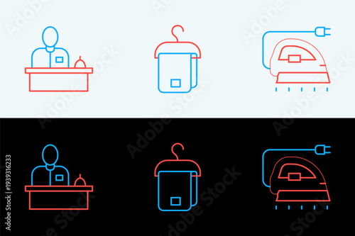 Set line Electric iron, Hotel reception desk and Towel hanger icon. Vector