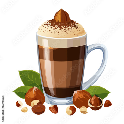 Hot hazelnut cappuccino with milk foam and roasted nuts in a clear glass for a warm coffee experience - Vector Illustration