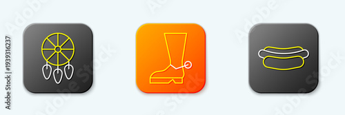 Set line Dream catcher with feathers, Cowboy boot and Hotdog sandwich icon. Vector