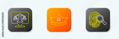 Set line Scales of justice, Police cap with cockade and Fingerprint icon. Vector