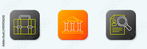 Set line Briefcase, Courthouse building and Paper analysis magnifying icon. Vector