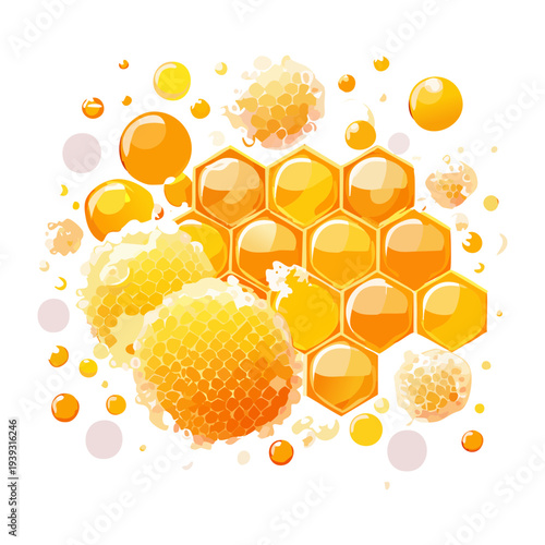 Natural honey honeycomb with dripping syrup and golden nectar for a sweet and healthy organic snack - Vector Illustration