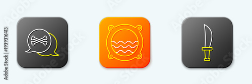 Set line Location pirate, Ship porthole with seascape and Pirate sword icon. Vector