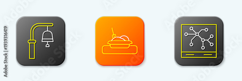 Set line Train station bell, Plate with food and Railway map icon. Vector