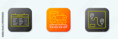 Set line Train station board, Vintage locomotive and Route location icon. Vector