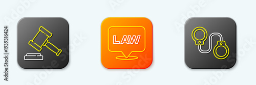 Set line Judge gavel, Location law and Handcuffs icon. Vector