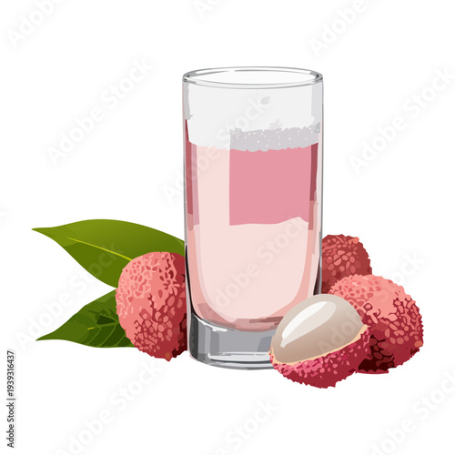 Sweet lychee drink with fresh fruit and green leaves in a tall glass for a refreshing tropical beverage - Vector Illustration