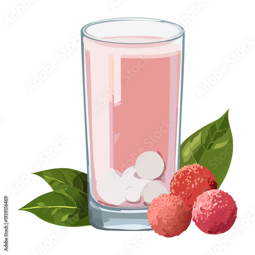 Refreshing lychee lemonade with fresh fruit and green leaves in a tall glass for a bright summer drink - Vector Illustration