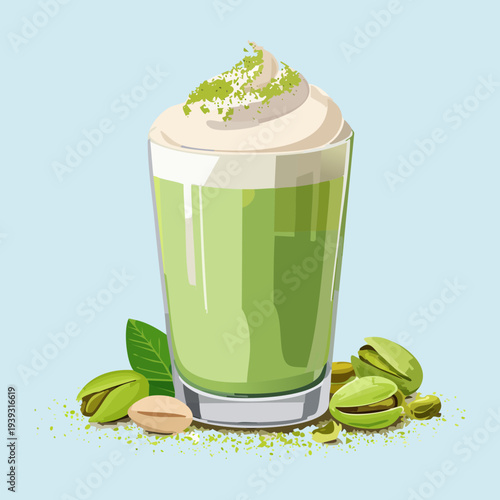 Healthy pistachio smoothie with crushed nuts and whipped cream served in a glass for a nutty treat - Vector Illustration