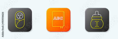 Set line Newborn baby infant swaddled, ABC book and Baby bottle icon. Vector