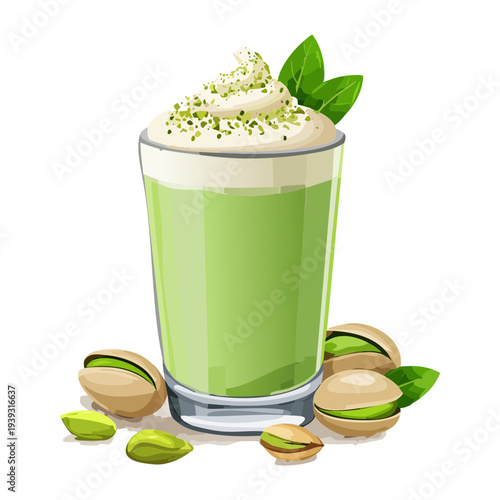 Gourmet pistachio milkshake with whipped cream and roasted nuts in a tall glass for a rich treat - Vector Illustration