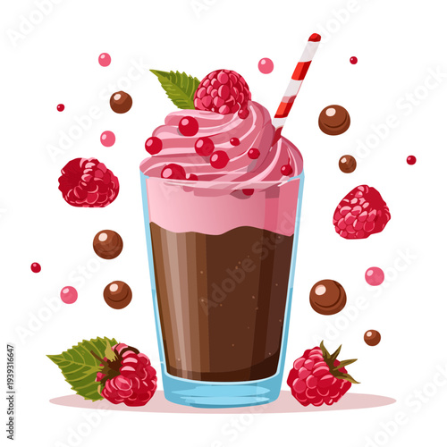 Rich raspberry chocolate milkshake with whipped cream and fresh berries for a sweet and fruity dessert drink - Vector Illustration